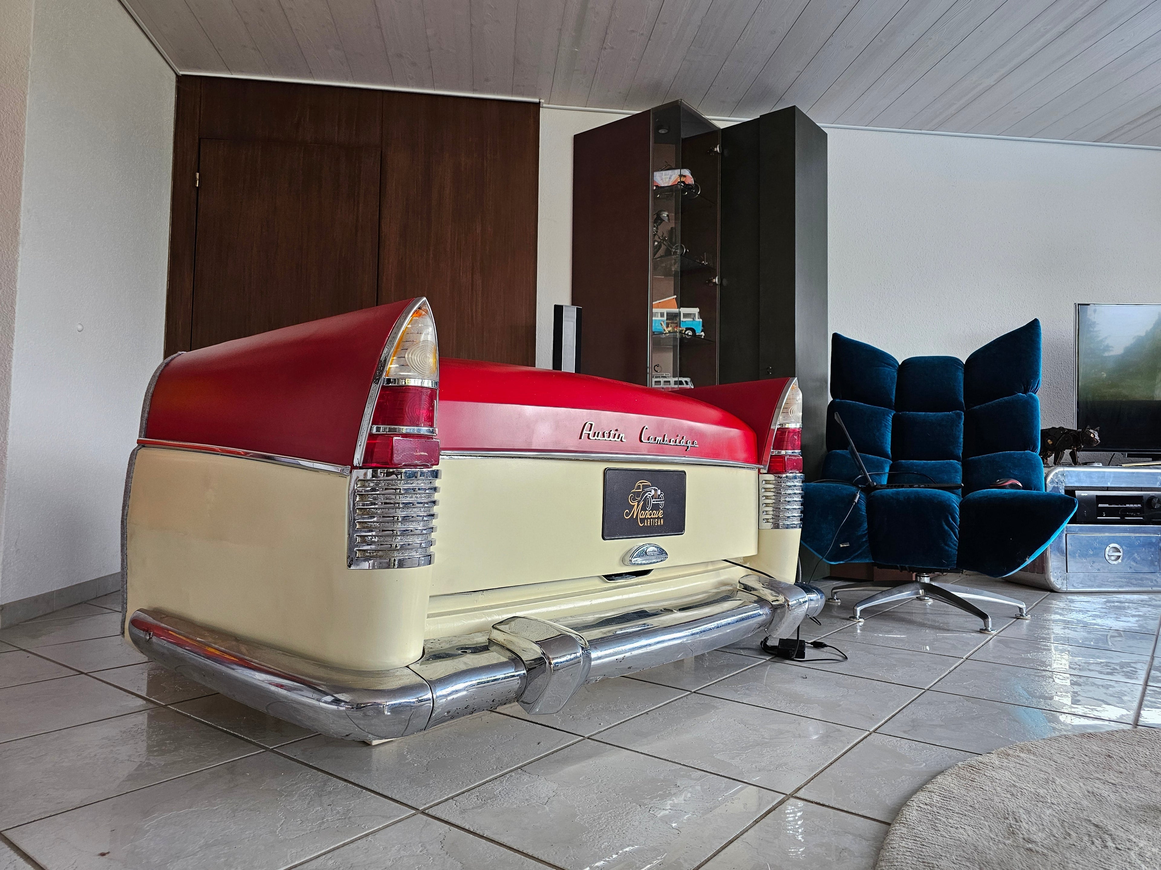Austin Cambridge TV cabinet handcrafted from a 1960 British classic car rear section