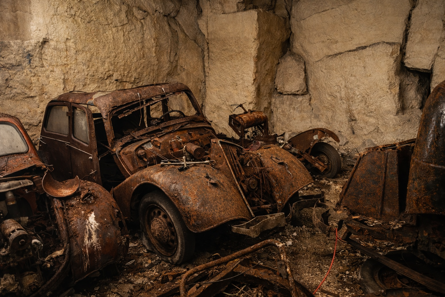 Abandoned pre-war vehicle resting inside a mysterious underground cave filled with forgotten classic cars