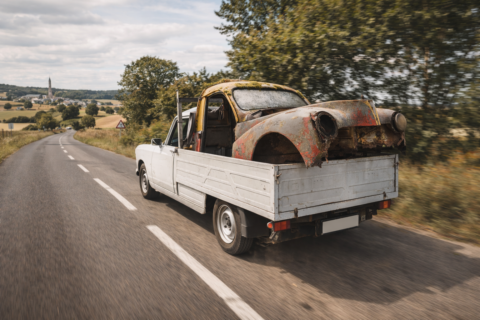 Peugeot 404 Pickup transporting rescued classic car parts during a Mancave Artisan recovery mission