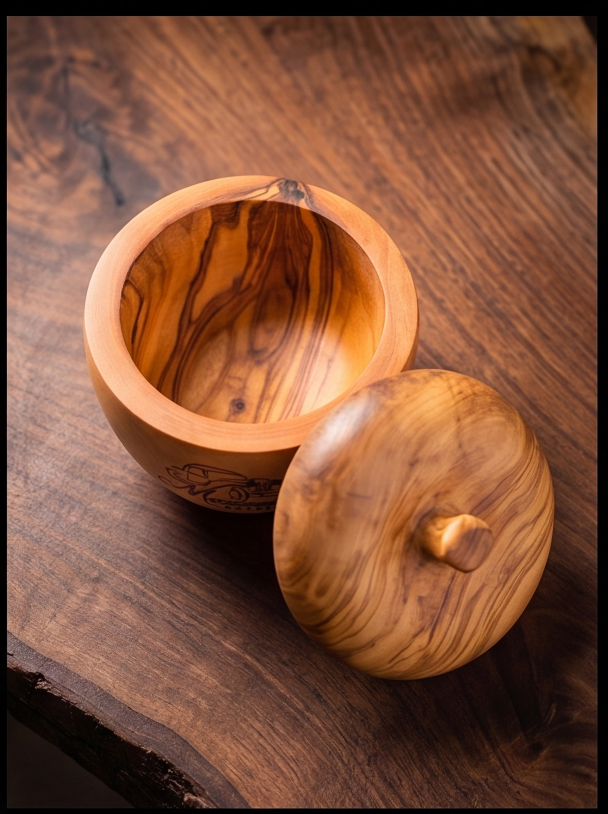 Mancave Artisan Olive Wood Salt Box with Salt Spoon