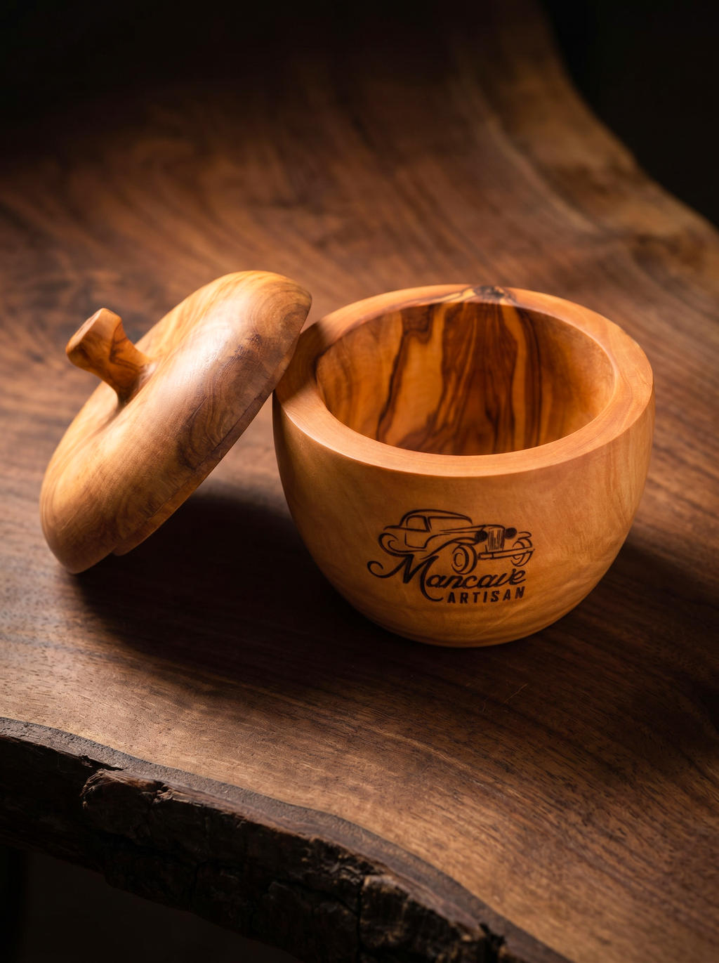 Mancave Artisan Olive Wood Salt Box with Salt Spoon